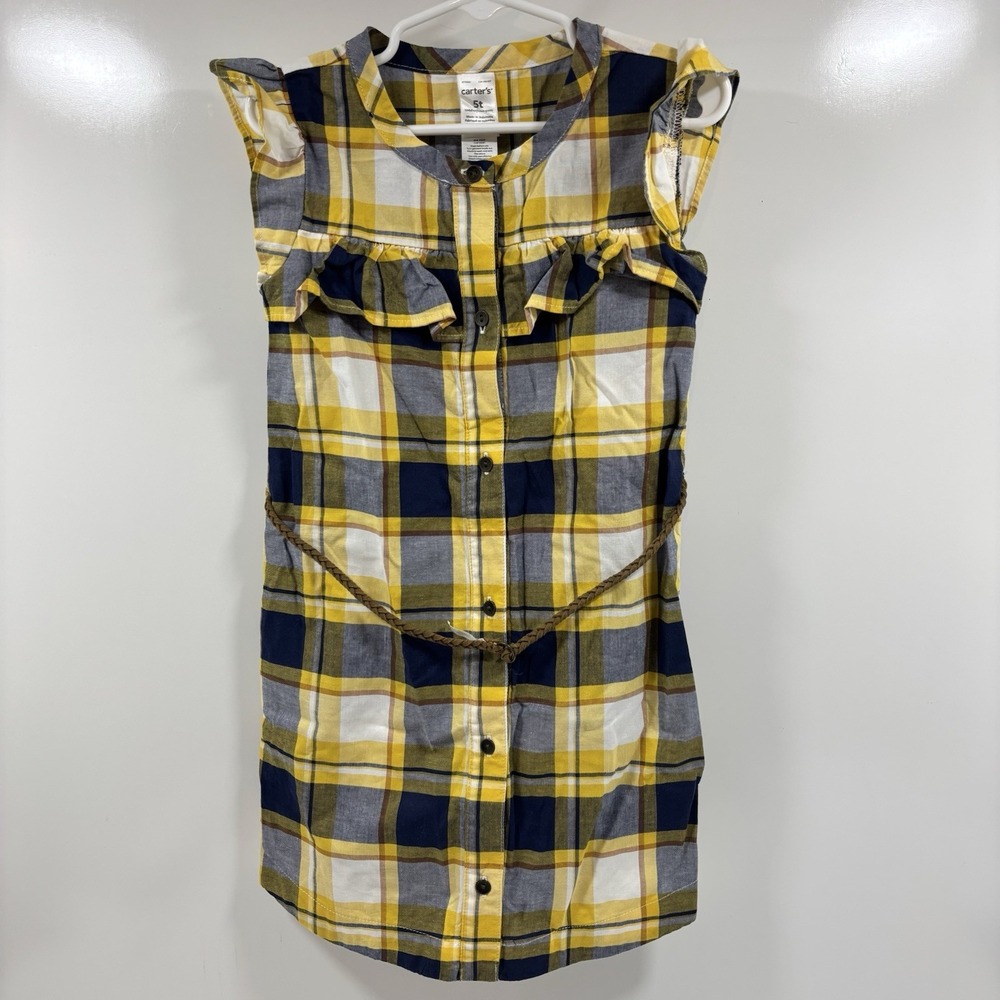 Carter's Plaid Belted Tunic Top Girls 5t Yellow Blue Ruffle Cowgirl Fall Buttons
